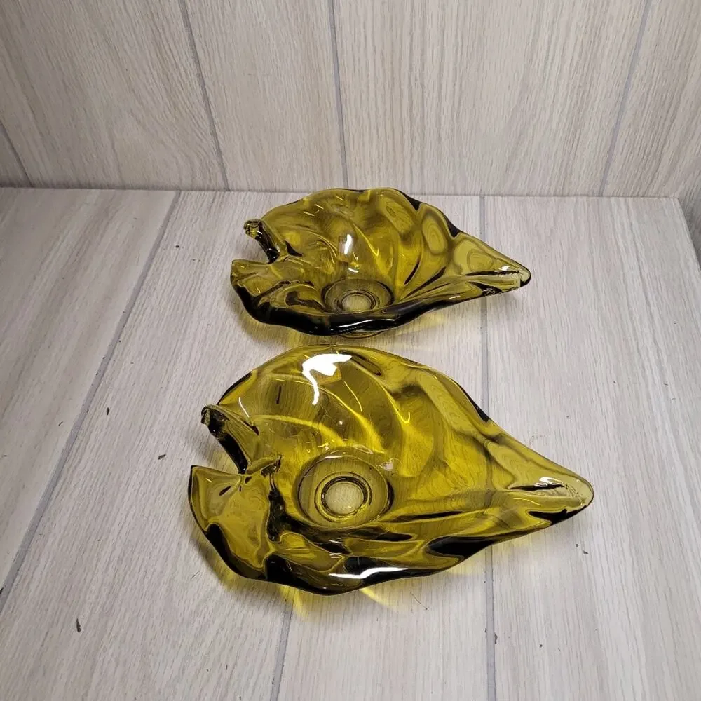 Vintage Noleans Italy Avacado Green Glass Leaf Candy Dish Candle Holder Set READ